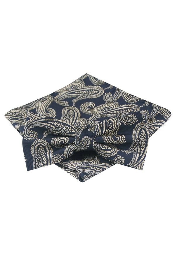 Mucha Męska z Poszetką - Alties - Granat, Jasnozłote Paisley. Kolor: niebieski. Wzór: paisley. Styl: sportowy, elegancki