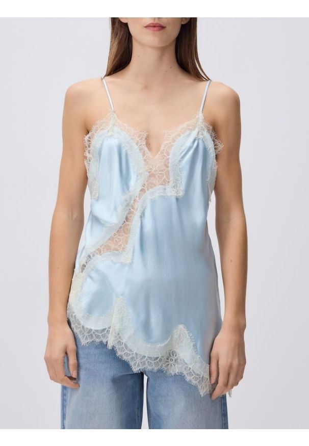 Reserved - Asymetryczny top z koronką - jasnoniebieski. Kolor: niebieski. Materiał: koronka. Wzór: koronka