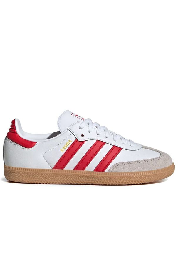 Adidas - Buty młodzieżowe adidas Originals Samba OG J JQ2833 - białe. Okazja: na co dzień. Zapięcie: sznurówki. Kolor: biały. Materiał: guma, skóra, syntetyk, zamsz. Szerokość cholewki: normalna
