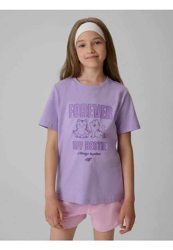 4f - 4F T-shirt regular z nadrukiem dziewczęcy - fioletowy 152 (11-12 lat). Okazja: na co dzień. Kolor: fioletowy. Materiał: materiał, bawełna, dzianina. Wzór: nadruk. Sezon: lato. Styl: casual