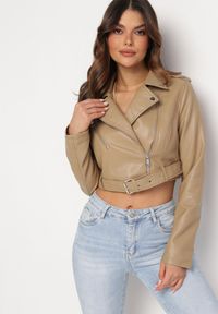 Born2be - Beżowa Kurtka Ramoneska z Asymetrycznym Suwakiem Inika. Kolor: beżowy. Materiał: jeans. Styl: elegancki #6