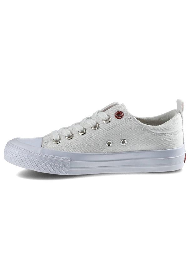Trampki damskie Cross Jeans, sportowe i sznurowane, białe, FF2R4072C. Okazja: na co dzień. Nosek buta: okrągły. Zapięcie: sznurówki. Kolor: biały. Szerokość cholewki: normalna. Wzór: aplikacja. Materiał: materiał, guma. Sezon: lato, wiosna. Styl: elegancki, sportowy