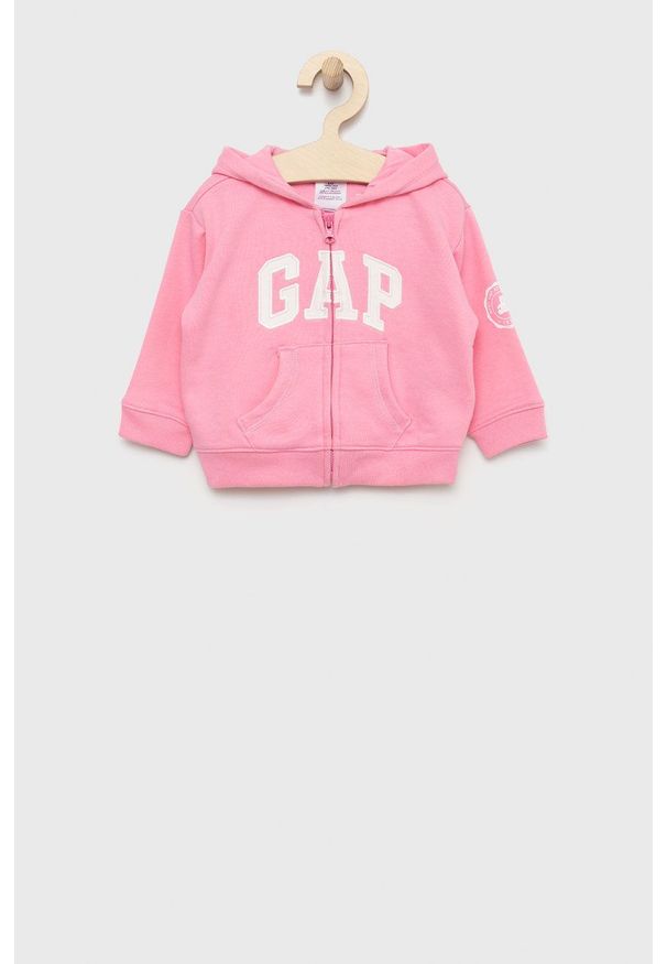 GAP bluza dziecięca kolor różowy z kapturem z aplikacją. Okazja: na co dzień. Typ kołnierza: kaptur. Kolor: różowy. Materiał: poliester. Wzór: aplikacja. Styl: casual