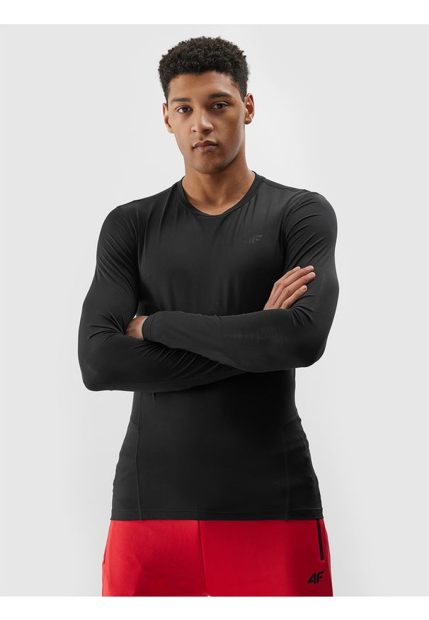 4f - Longsleeve treningowy z materiału z recyklingu męski - czarny. Kolor: czarny. Materiał: materiał. Długość rękawa: długi rękaw. Długość: długie. Wzór: gładki, jednolity, ze splotem. Styl: klasyczny. Sport: fitness