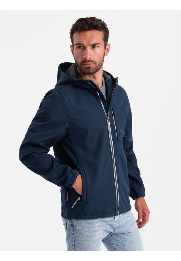 Ombre Clothing - Kurtka męska SOFTSHELL z polarowym środkiem - granatowy V5 - Rozmiar: L. Kolor: niebieski. Materiał: softshell, polar