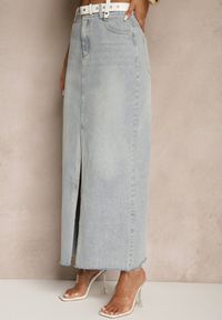 Renee - Jasnoniebieska Spódnica Jeansowa o Ołówkowym Kroju Zdobiona Rozcięciem Lisovira. Stan: podwyższony. Kolor: niebieski. Materiał: jeans. Wzór: aplikacja. Styl: elegancki #4