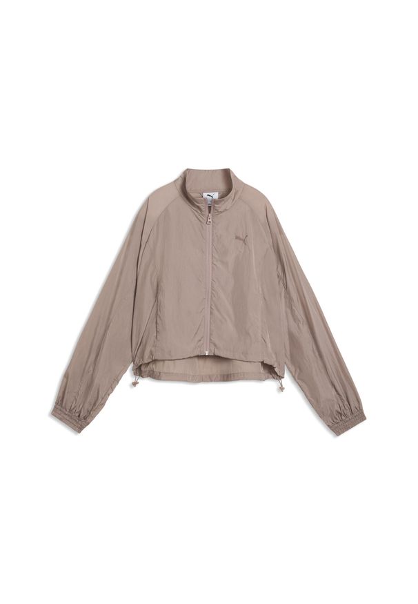 Puma - Damska rozpinana kurtka z tkaniny HER o luźnym kroju PUMA. Kolor: beżowy. Materiał: tkanina. Sport: bieganie