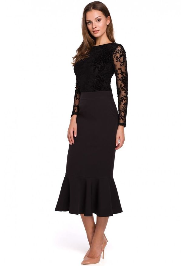 Makover - Elegancka ołówkowa spódnica midi zakończona falbaną. Materiał: elastan. Styl: elegancki