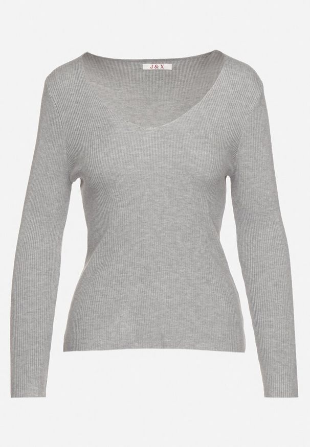 Born2be - Szary Sweter Prążkowany z Trójkątnym Dekoltem Vorila. Okazja: na co dzień. Kolor: szary. Materiał: prążkowany. Styl: elegancki, casual