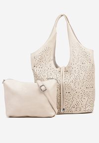 Renee - Beżowa Torebka Shopper z Ażurowym Wzorem i Dodatkową Saszetką Merabella. Kolor: beżowy. Wzór: ażurowy. Styl: elegancki, biznesowy, casual