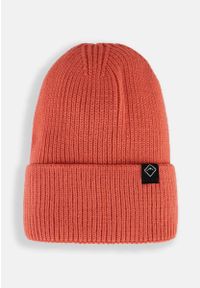 Volcano - Zimowa czapka damska beanie H-CHILLI. Kolor: pomarańczowy. Materiał: akryl, dzianina, skóra. Wzór: ze splotem. Sezon: zima. Styl: klasyczny