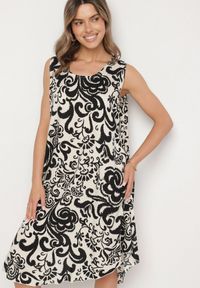Born2be - Czarna Bawełniana Sukienka ze Wzorem Paisley Zirelia. Okazja: na co dzień. Typ kołnierza: dekolt w serek. Kolor: czarny. Materiał: bawełna. Wzór: paisley. Sezon: lato. Styl: casual #1