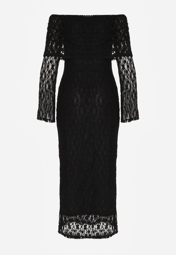 Born2be - Czarna Koktajlowa Sukienka z Odkrytymi Ramionami z Koronki Eperrie. Kolor: czarny. Materiał: koronka. Wzór: koronka. Typ sukienki: z odkrytymi ramionami. Styl: wizytowy