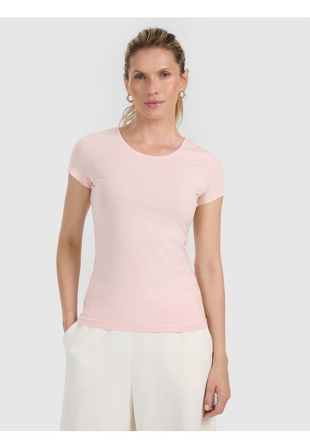 4f - 4F T-shirt regular gładki damski S. Kolor: różowy. Materiał: bawełna, dzianina. Wzór: gładki