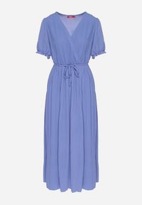 Born2be - Niebieska Kopertowa Sukienka z Bawełną i Paskiem Ivellevia. Okazja: na co dzień. Typ kołnierza: dekolt w serek. Kolor: niebieski. Materiał: bawełna. Długość rękawa: długi rękaw. Sezon: lato. Typ sukienki: kopertowe. Styl: klasyczny, casual, elegancki #5