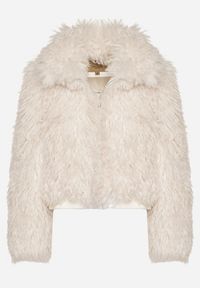 Born2be - Biała Krótka Kurtka Futerko z Wysokim Kołnierzem i Długim Włosiem Lanalia. Okazja: na co dzień, na spacer. Kolor: biały. Materiał: futro. Długość: krótkie. Styl: casual #3
