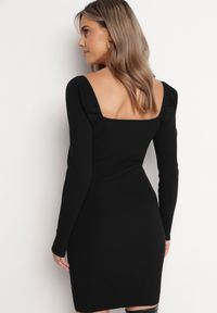 Born2be - Czarna Sukienka Mini z Prążkowanego Materiału z Wycięciem i Wiązaniem Cerdosja. Kolor: czarny. Materiał: materiał, prążkowany. Długość: mini #5