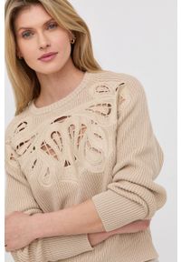 TwinSet - Twinset sweter damski kolor beżowy lekki. Kolor: beżowy. Materiał: materiał, dzianina. Długość rękawa: długi rękaw. Długość: długie. Wzór: haft #5