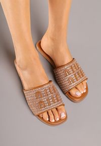 Renee - Brązowe Klapki z Ozdobną Plecionką i Aplikacją przy Cholewce Zarivelle. Kolor: brązowy. Wzór: aplikacja. Styl: boho, elegancki