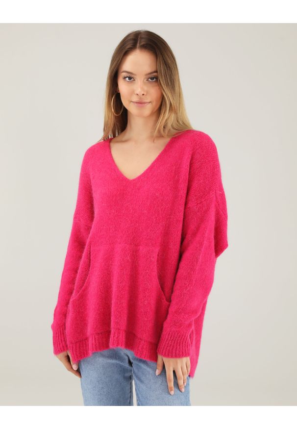 Unisono - RÓŻOWY SWETER Z WEŁNĄ 8-AP175 FUXIA. Kolor: różowy. Materiał: wełna