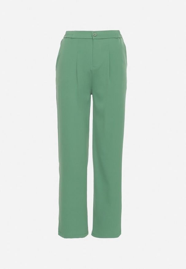 Born2be - Zielone Eleganckie Szerokie Spodnie z Gumką w Pasie Zapinane na Suwak Barcarola. Okazja: na co dzień. Kolor: zielony. Materiał: jedwab. Styl: elegancki