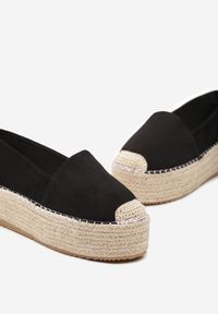 Renee - Czarne Espadryle Ozdobione Plecionką na Nosku i Grubej Podeszwie Nareria. Kolor: czarny. Wzór: aplikacja. Sezon: lato. Styl: elegancki