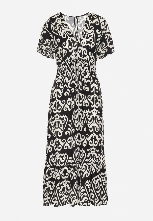 Born2be - Czarna Sukienka z Wiskozy w Abstrakcyjny Wzór Faledira. Okazja: na co dzień. Typ kołnierza: dekolt w serek. Kolor: czarny. Materiał: wiskoza. Długość rękawa: krótki rękaw. Typ sukienki: proste. Styl: klasyczny, casual