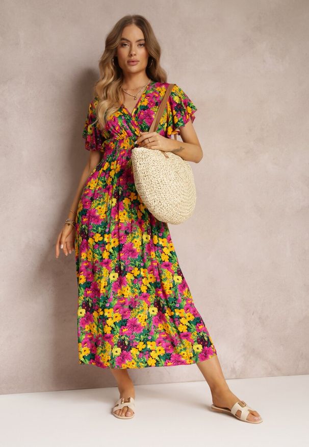 Renee - Żółto-Fuksjowa Rozkloszowana Sukienka Maxi z Gumką w Pasie z Wiskozy Femia. Kolor: żółty. Materiał: wiskoza. Długość: maxi
