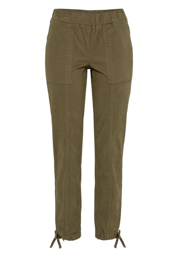Spodnie z elastycznym paskiem bonprix ciemnooliwkowy. Kolor: zielony. Materiał: materiał, bawełna, elastan