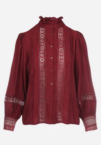 Born2be - Bordowa Koszula ze Stójką i Koronką Argochis. Typ kołnierza: kołnierzyk stójkowy. Kolor: czerwony. Materiał: koronka. Wzór: koronka #3