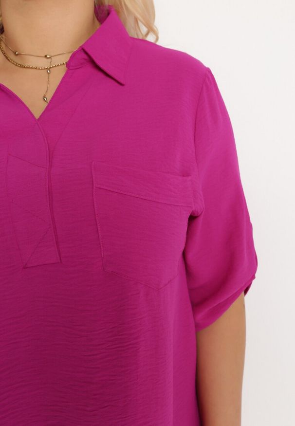 Born2be - Fuksjowa Bluzka Koszulowa z Kołnierzykiem i Wsuwaną Kieszonką Tafeta. Kolor: różowy. Materiał: jeans. Długość rękawa: długi rękaw. Długość: długie. Styl: klasyczny, elegancki