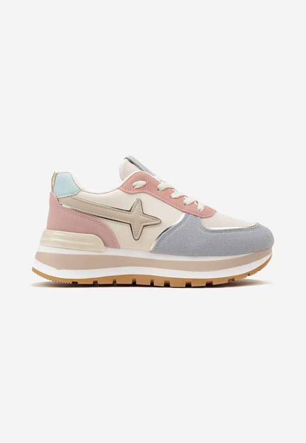 Renee - Niebiesko-Różowe Sneakersy na Niskiej Platformie z Ozdobnymi Wstawkami na Cholewce Suno. Okazja: na co dzień. Kolor: beżowy. Materiał: jeans. Szerokość cholewki: normalna. Obcas: na platformie
