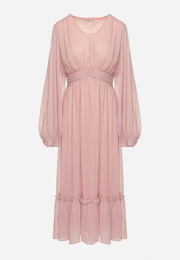 Born2be - Różowa Sukienka Koktajlowa z Bufiastymi Rękawami Falbankami i Ozdobnymi Guzikami Binxa. Typ kołnierza: kołnierz z falbankami. Kolor: różowy. Styl: wizytowy