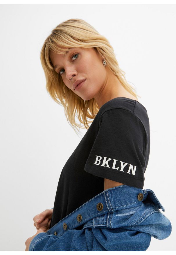 bonprix - T-shirt z czystej bawełny. Kolor: czarny. Materiał: bawełna. Wzór: nadruk