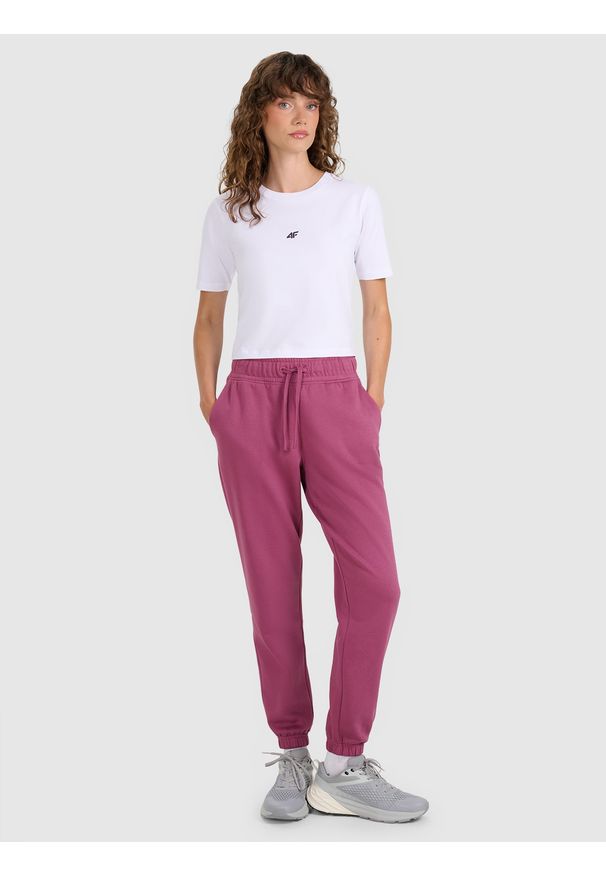 4f - 4F Crop-top slim gładki damski - biały L. Okazja: na co dzień. Kolor: biały. Materiał: jersey, bawełna. Długość rękawa: krótki rękaw. Długość: krótkie. Wzór: gładki. Styl: sportowy, casual
