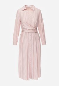 Born2be - Różowa Koszulowa Sukienka z Wiskozy z Ozdobnym Marszczeniem w Talii Batena. Okazja: na co dzień, na spotkanie biznesowe, do pracy. Kolor: różowy. Materiał: wiskoza. Typ sukienki: koszulowe. Styl: casual, biznesowy, elegancki, klasyczny #8