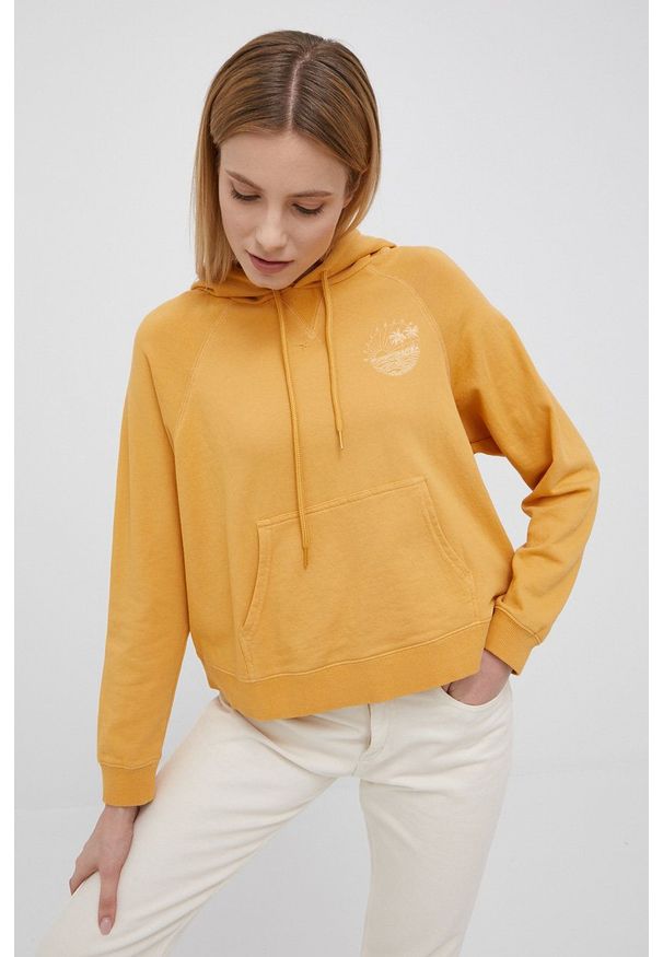 Billabong bluza damska kolor żółty z kapturem z nadrukiem. Okazja: na co dzień. Typ kołnierza: kaptur. Kolor: żółty. Materiał: materiał, włókno. Długość rękawa: raglanowy rękaw. Wzór: nadruk. Styl: casual