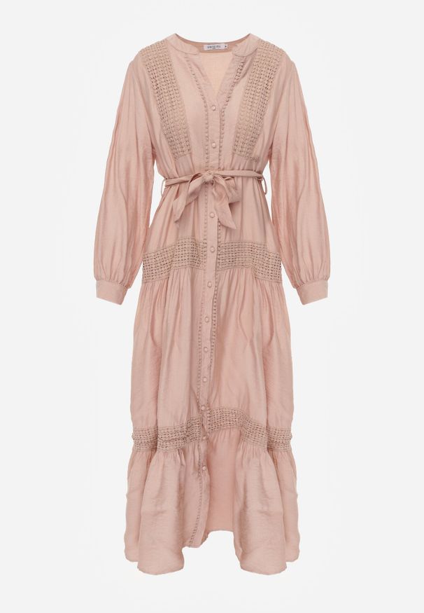 Born2be - Jasnoróżowa Rozkloszowana Sukienka z Wiskozy z Wiązanym Paskiem i Koronką Reivoria. Okazja: na co dzień, na spacer. Typ kołnierza: dekolt w kształcie V. Kolor: różowy. Materiał: wiskoza, koronka. Długość rękawa: długi rękaw. Wzór: koronka. Styl: klasyczny, casual