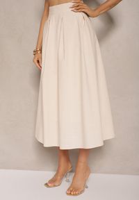 Renee - Beżowa Rozkloszowana Spódnica z Bawełną High Waist Katavira. Okazja: na co dzień. Stan: podwyższony. Kolor: beżowy. Materiał: bawełna. Styl: elegancki, casual #3