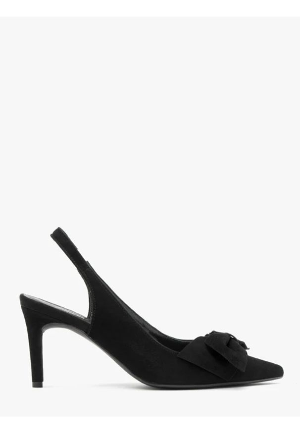 Ryłko - Welurowe czółenka typu slingback z kokardą. Kolor: czarny. Materiał: welur, skóra. Szerokość cholewki: normalna. Obcas: na obcasie. Styl: street. Wysokość obcasa: średni