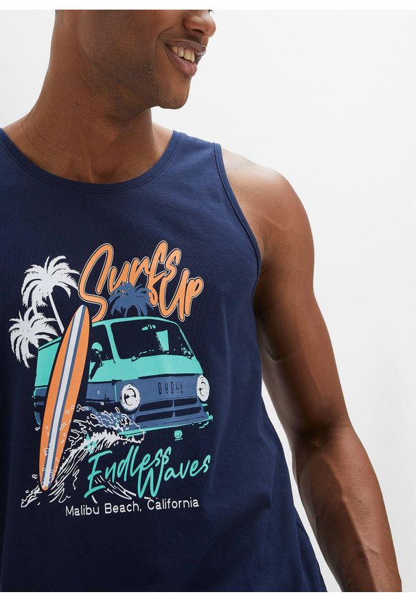 bonprix - Tank top (2 szt.) z czystej bawełny organicznej. Kolor: niebieski. Materiał: bawełna. Wzór: nadruk