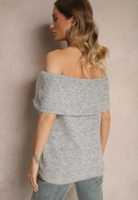 Renee - Jasnoszary Sweter Top z Hiszpańskim Wywijanym Dekoltem z Wełną Inarose. Kolor: szary. Materiał: wełna #4