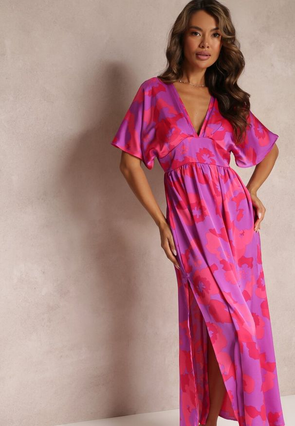 Renee - Fuksjowa Rozkloszowana Sukienka Maxi z Wycięciami Aleri. Kolor: różowy. Długość: maxi