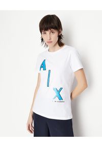Armani Exchange - ARMANI EXCHANGE - Biały bawełniany T-shirt z logowanym nadrukiem. Kolor: biały. Materiał: bawełna. Wzór: nadruk. Styl: klasyczny