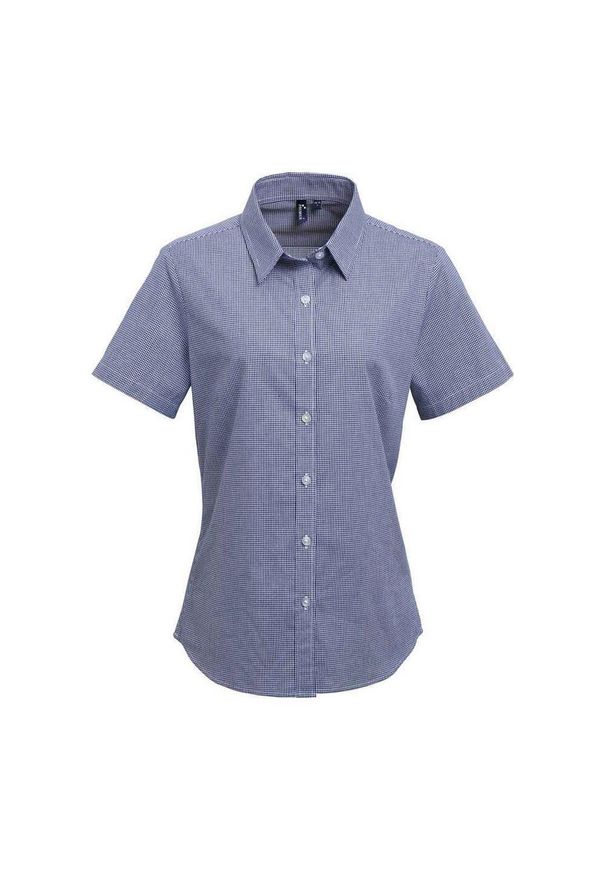 PREMIER - Damska Bawełniana Koszula Z Krótkim Rękawem W Kratkę Micro Gingham. Kolor: niebieski, wielokolorowy, biały. Materiał: bawełna. Długość rękawa: krótki rękaw. Długość: krótkie. Wzór: kratka