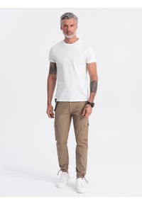 Ombre Clothing - Spodnie męskie z kieszeniami cargo i ściągaczem na dole nogawki - jasnobrązowe V3 OM-PACG-0189 - XXL. Kolor: brązowy. Materiał: elastan, bawełna