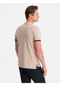 Ombre Clothing - Koszulka męska polo bez kołnierzyka - beżowa V5. Typ kołnierza: polo, bez kołnierzyka. Kolor: beżowy. Materiał: bawełna. Długość: długie #3