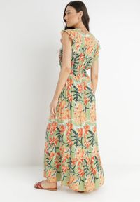 Born2be - Zielona Sukienka z Wiskozy Yenek. Kolor: zielony. Materiał: wiskoza. Długość rękawa: krótki rękaw. Wzór: aplikacja, nadruk. Typ sukienki: kopertowe, rozkloszowane. Styl: wizytowy, elegancki. Długość: maxi #6