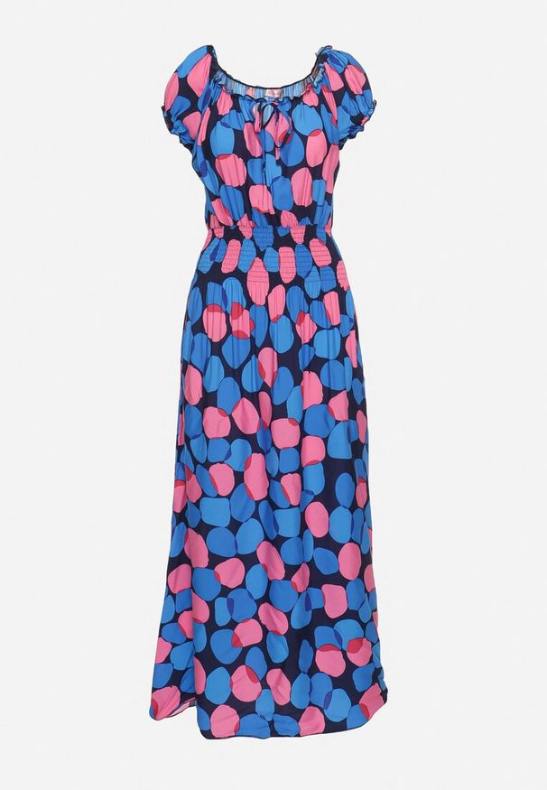 Born2be - Granatowo-Różowa Bawełniana Sukienka z Gumką Przy Dekolcie i w Talii Pietricea. Okazja: na randkę, na co dzień. Typ kołnierza: dekolt hiszpanka. Kolor: niebieski. Materiał: bawełna. Wzór: kropki. Sezon: lato. Typ sukienki: rozkloszowane. Styl: elegancki, casual, klasyczny