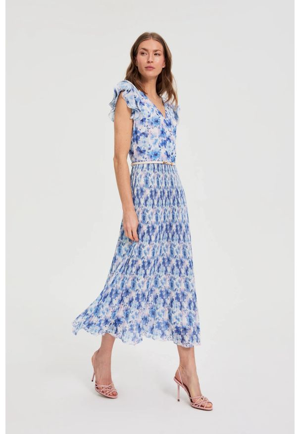 MOODO - Sukienka w kwiaty midi. Materiał: poliester. Wzór: kwiaty. Długość: midi